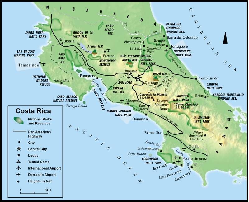 costa rica physical map with rivers