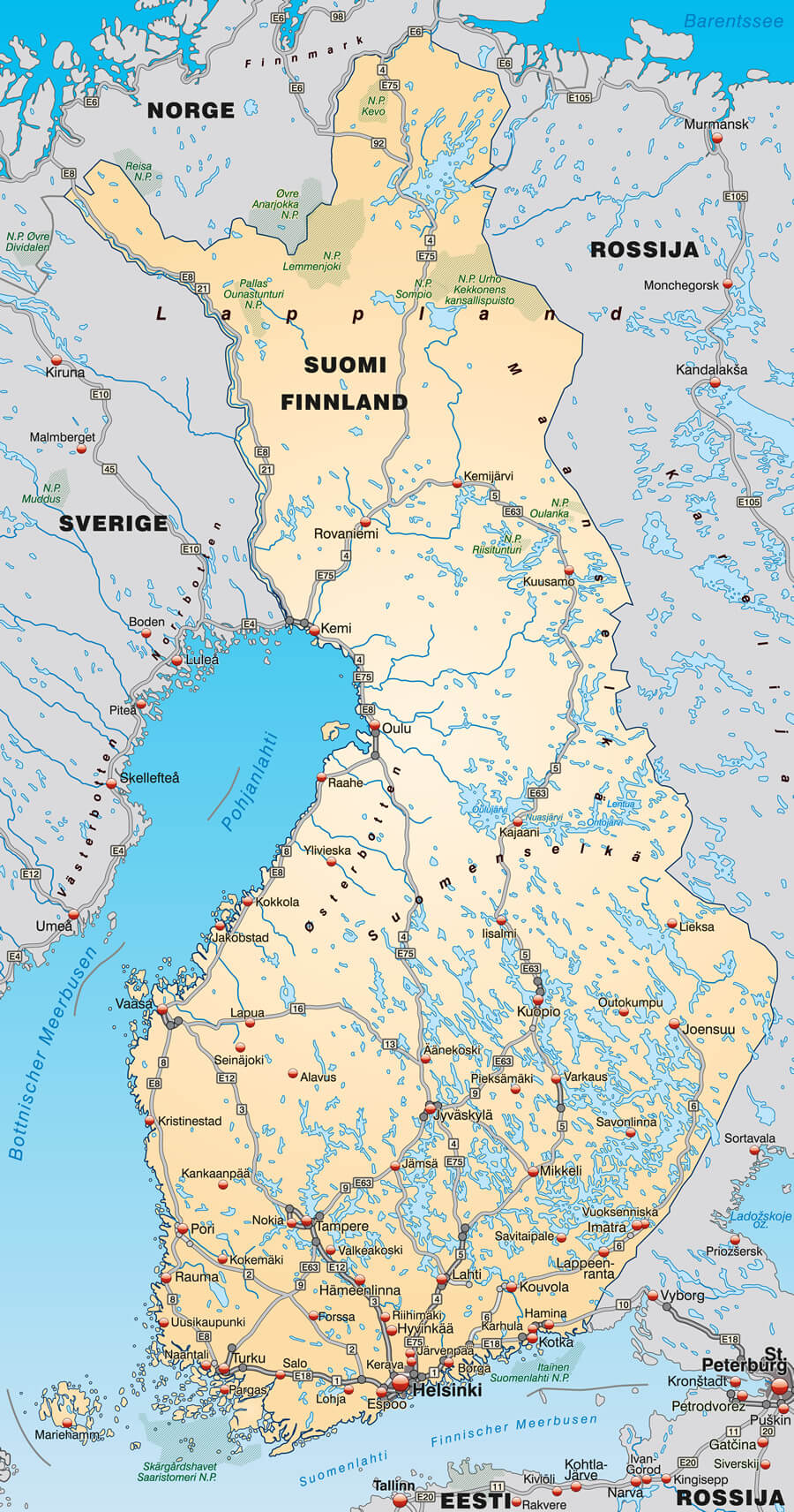 Map of Finland with highways