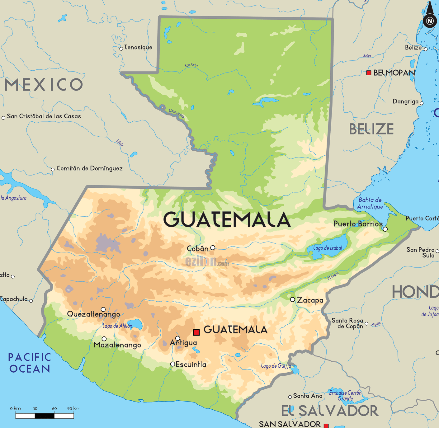 Physical Map of Guatemala Cities