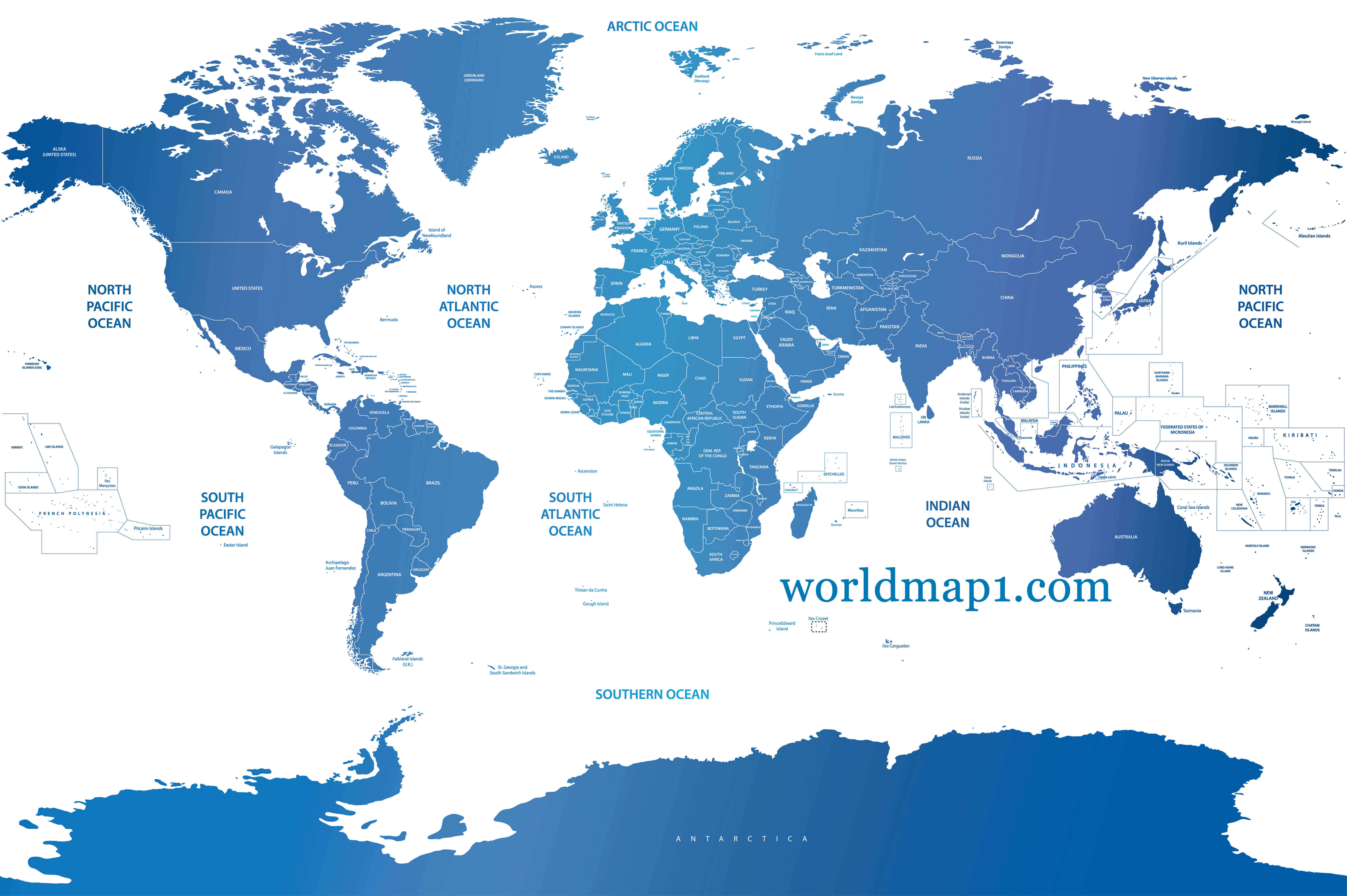 Oceania and Blue Political World Map