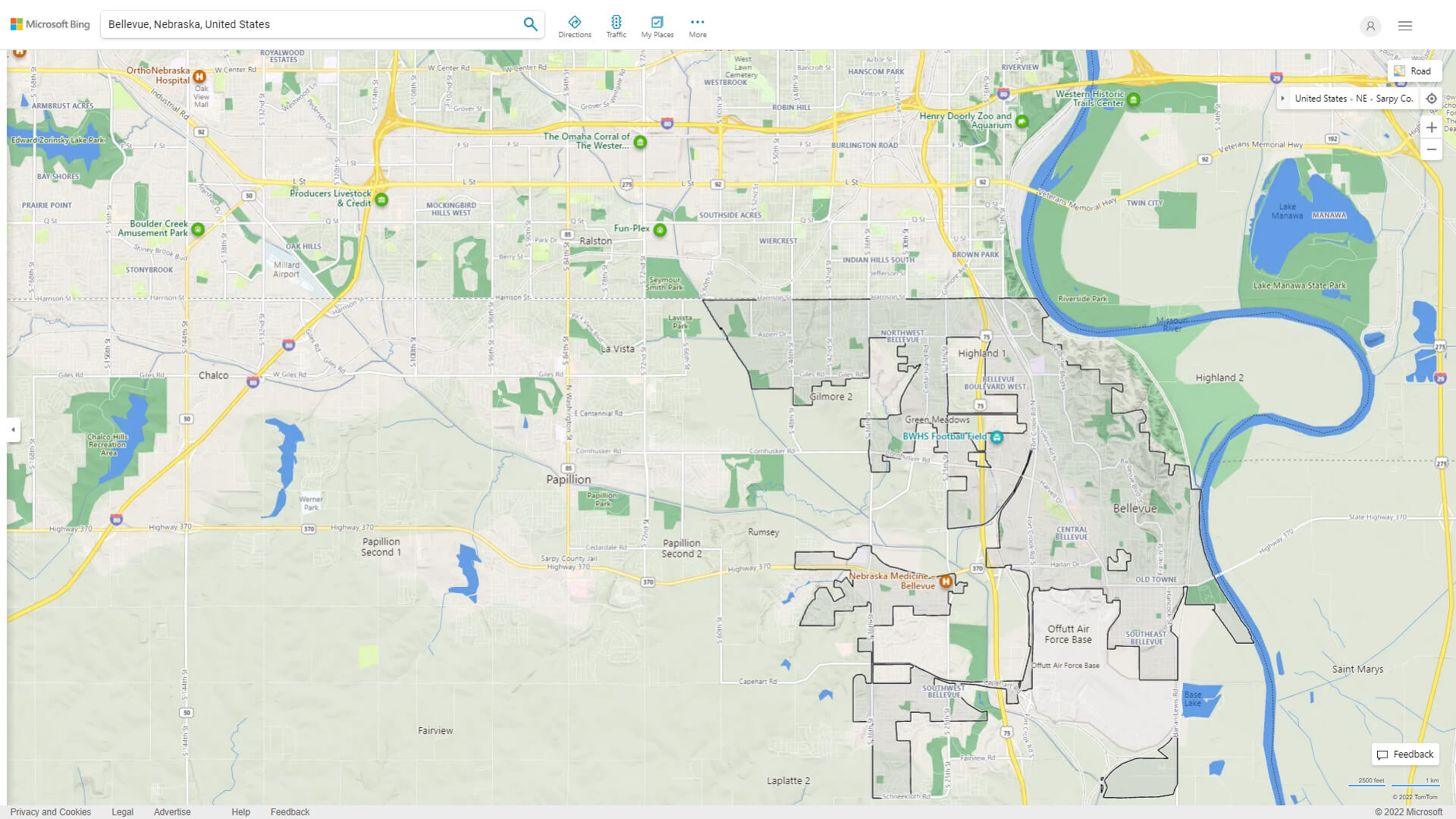 Bellevue Nebraska Map and Bellevue Nebraska Satellite Image